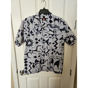 Quiksilver Men's Navy White Button Down Short Sleeve 100% Cotton Shirt, LG